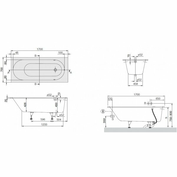 Oberon UBQ170OBE2V-01 Ванна прямоугольная 170x70x45 см (кварил, белая) Villeroy&Boch - фото №13