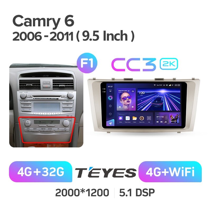 Магнитола Toyota Camry 40 2006 - 2011 Teyes CC3 2k 4/32 ANDROID 8-ми ядерный процессор, QLED экран, DSP, 4G модем