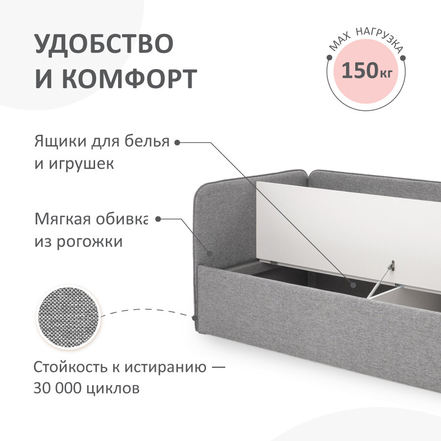Кровать-диван Romack Leonardo 180*80 светло-серый с ящиком для белья