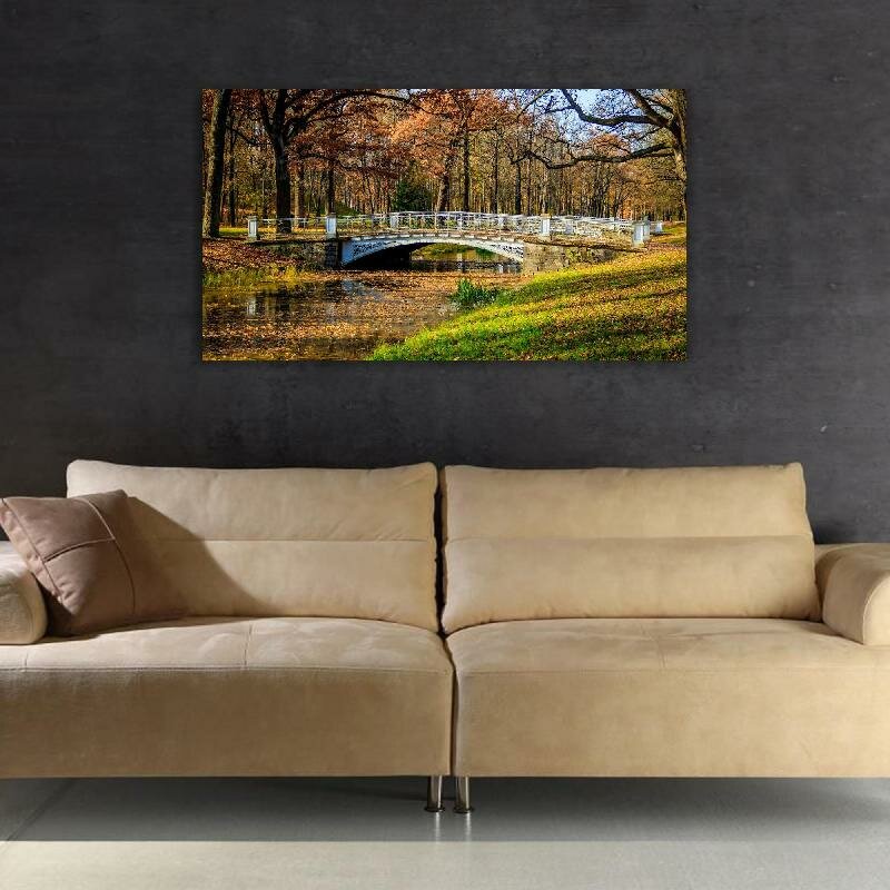 Картина на холсте 60x110 Альянс Лес "Деревья листья река парк мост" на подрамнике / интерьер/ декор