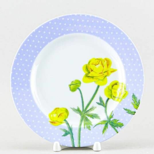фото Тарелка фарфоровая мелкая 200 мм. "Ситец Купальница" ф. Идиллия, Добрушский фарфоровый завод