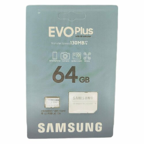 Карта памяти Samsung EVO Plus MicroSDXC 64GB с адаптором карта памяти samsung microsdxc card 64gb evo plus u1 v10 a1 sd adapter