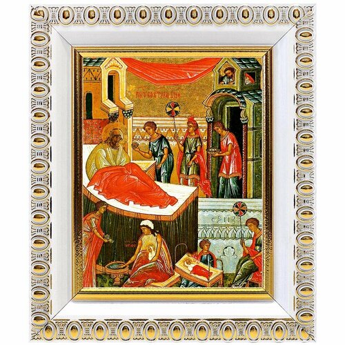 Рождество Пресвятой Богородицы, XV-XVI вв, икона в белой пластиковой рамке 8,5*10 см рождество пресвятой богородицы xv xvi вв икона на доске 13 16 5 см