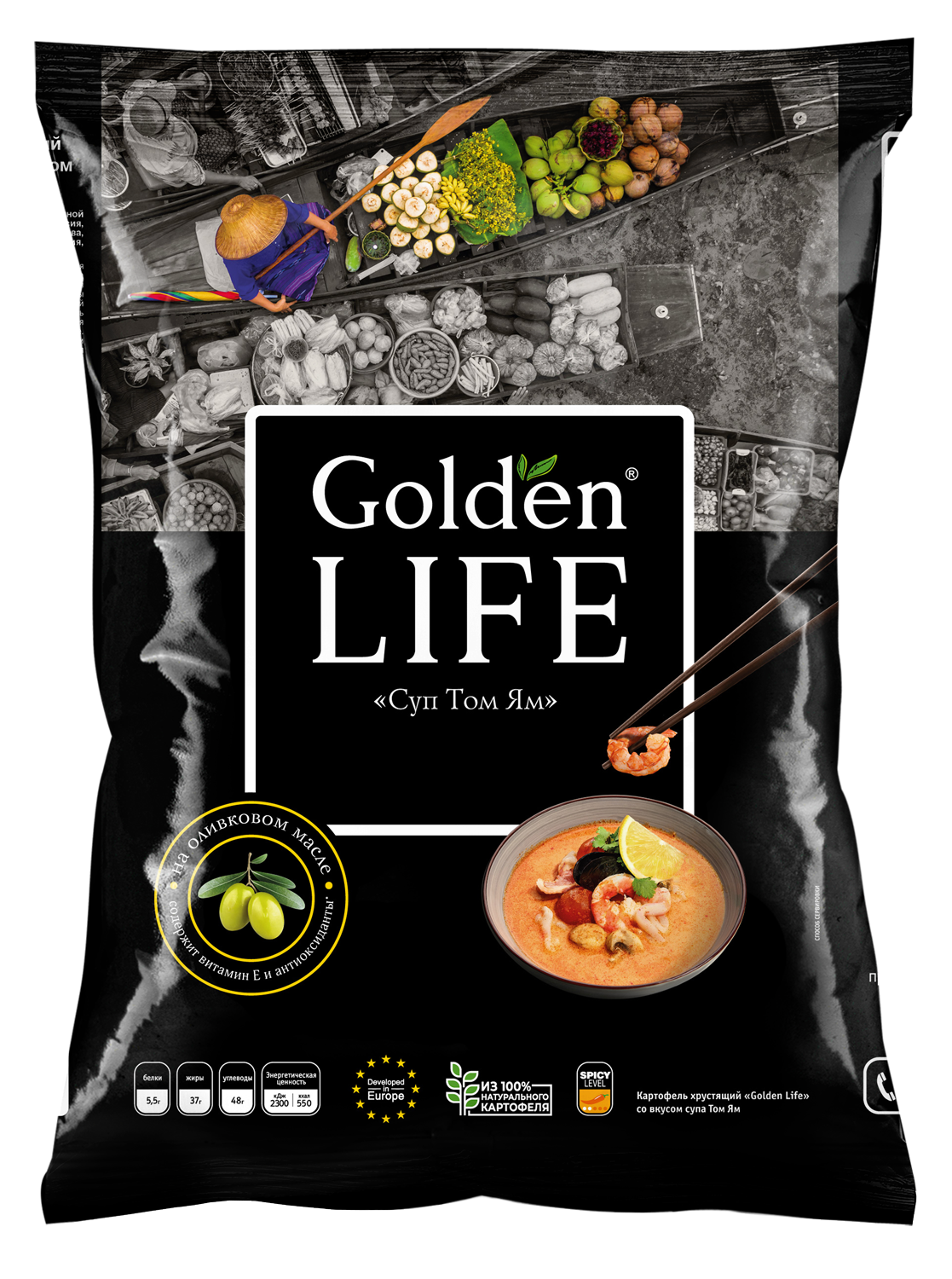 Картофельные чипсы Golden Life со вкусом супа Том Ям, 90 гр