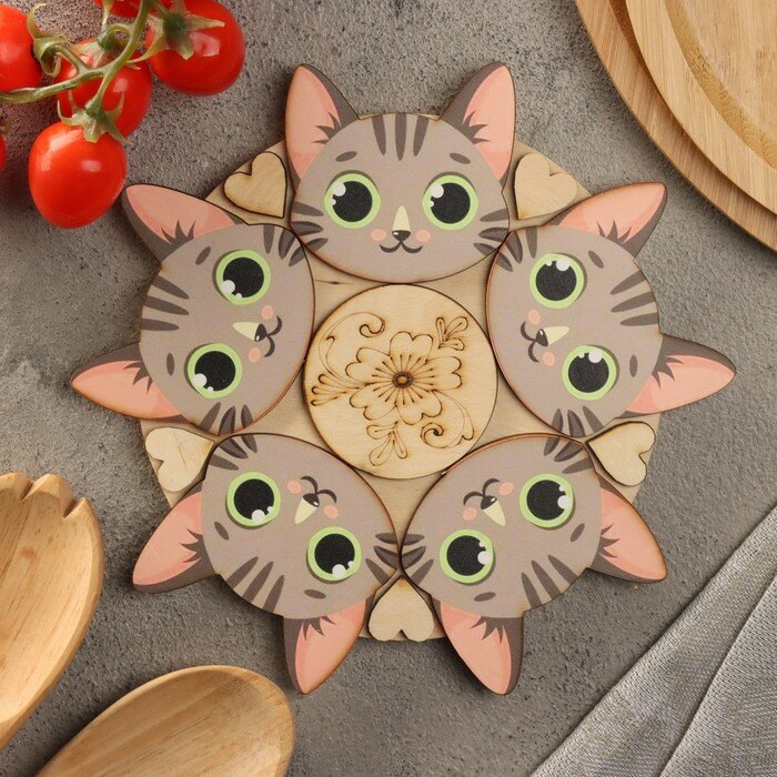 фото Подставка под горячее "Серый кот", D=20, можжевельник