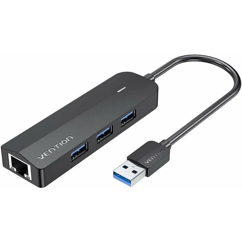 Сетевой адаптер Vention USB 3.0 M/Gigabit Ethernet RJ45 F+OTG хаб 3xUSB Черный - 0.15м. сетевой адаптер vention usb c m gigabit ethernet rj45 f otg хаб 3xusb 3 0 pd адаптер vention usb 3 1 m usb 3 0 f x 3 rj45 f usb type c f tgdhb