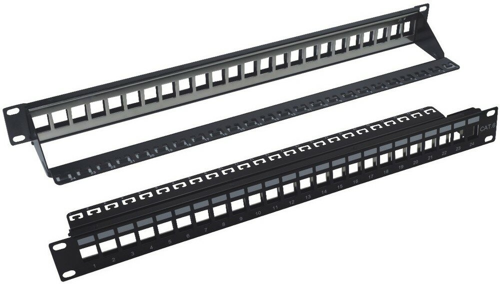 Патч-панель наборная 19" NEOMAX [NM-BPP-1U24P-UB-101-BK] 1U, 24 порта, UTP, с кабельным организатором, цвет черный