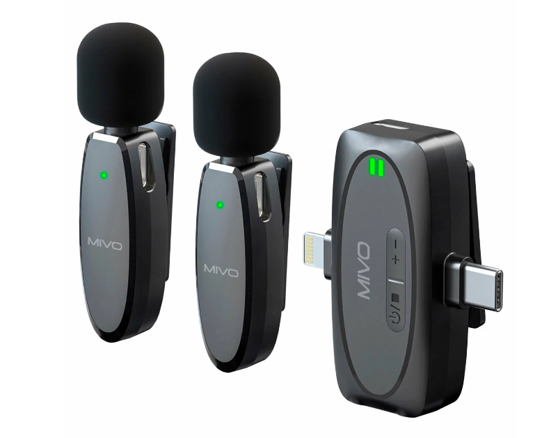 MIVO MK-630 - два беспроводных микрофона/один приемник, iPhone Lightning + Type-C + Camera MIC 3.5 mm