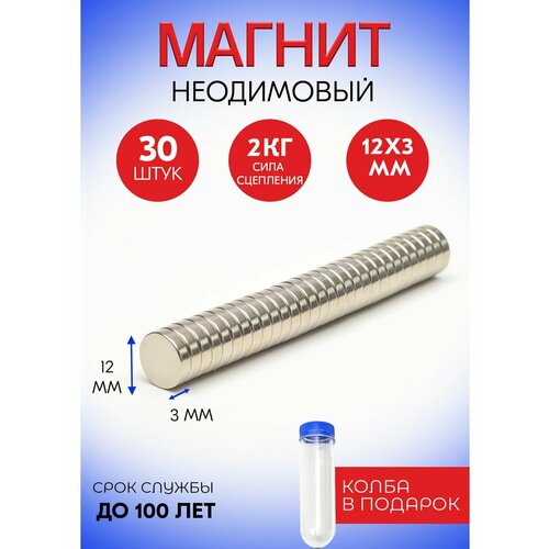 Неодимовые магниты 12х2 мм, диски, набор 50 шт. в тубе