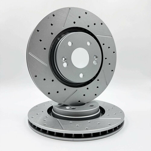 Комплект тормозных дисков передних перфорированных вентилируемых слотированных (2 шт: левый и правый) DZK DZK21872 для моделей Chery, Exeed, Omoda