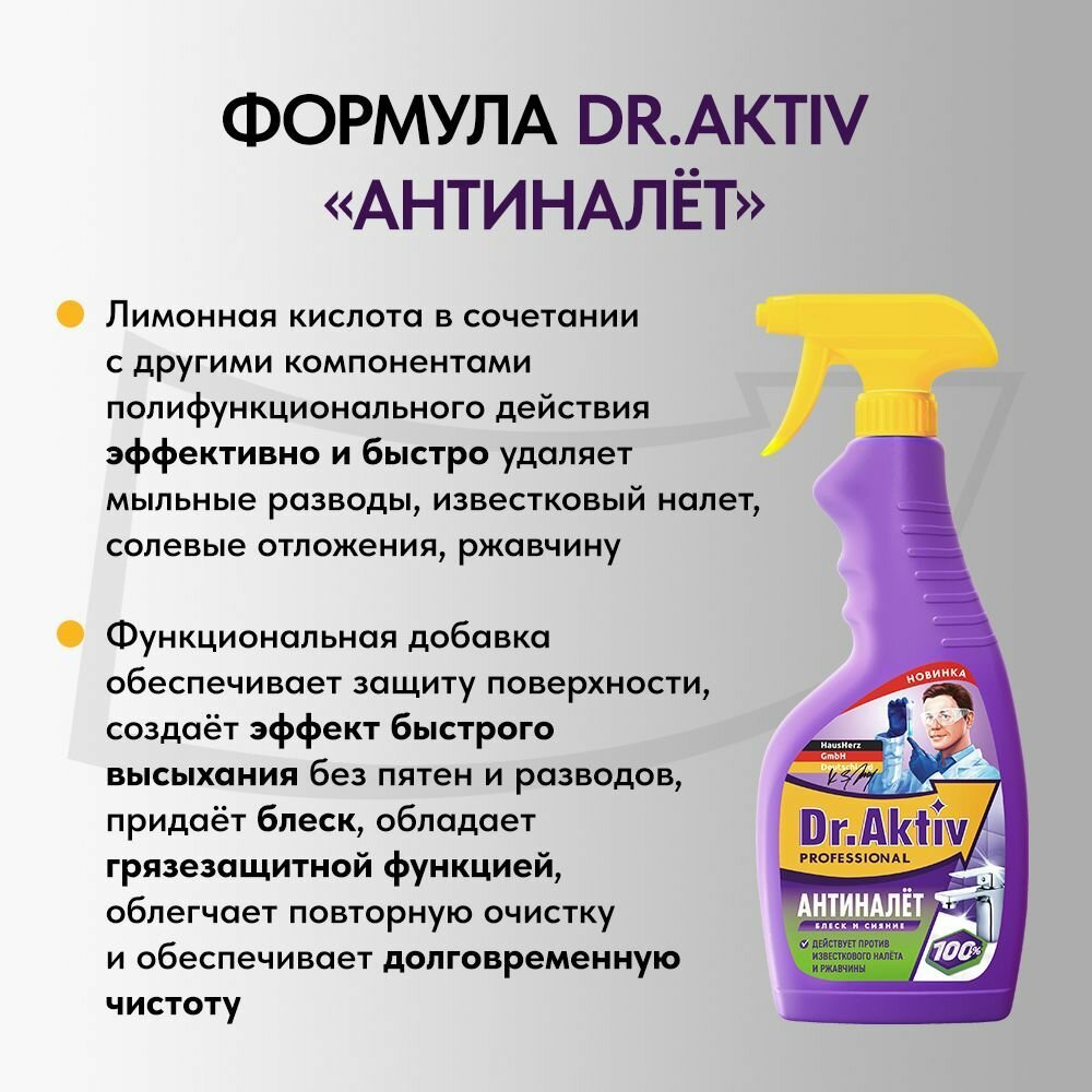 Средство чистящее Dr.Aktiv "Антиналет" для удаления налета, известковых отложений, ржавчины, накипи 500 мл спрей — фото 1