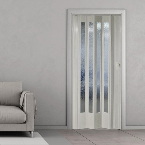 Изображение товара Дверь гармошка Star 2030х1601мм ясень серый полуматовый остекленная с замком и колесиками