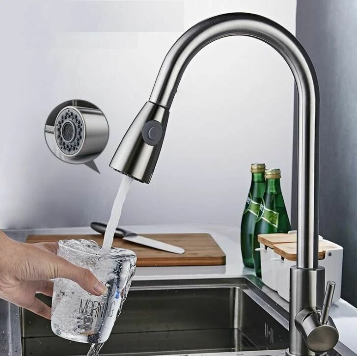 Смеситель для кухни из нержавеющей стали с вытяжным изливом FASHUN A56109 2-х режимная лейка цвет хром