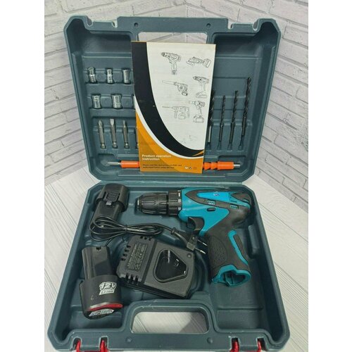 Шуруповерт аккумуляторный строительный дрель-шуруповерт с двумя аккумуляторами и набором инструментов в кейсе 3790₽