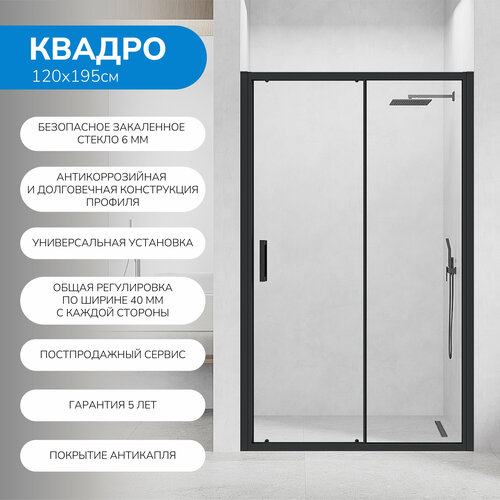Душевая дверь в нишу 120х195 см Квадро покрытие Антикапля стекло прозрачное профиль черный 30300₽