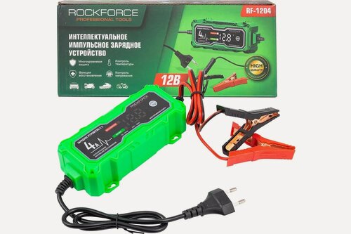 Изображение товара Устройство зарядное импульсное Rockforce RF‑1204 для аккумуляторов 12 В WET, AGM, GEL с ЖК‑дисплеем, режимом десульфатации и защитой от обратной полярности, короткого замыкания и перегрева.