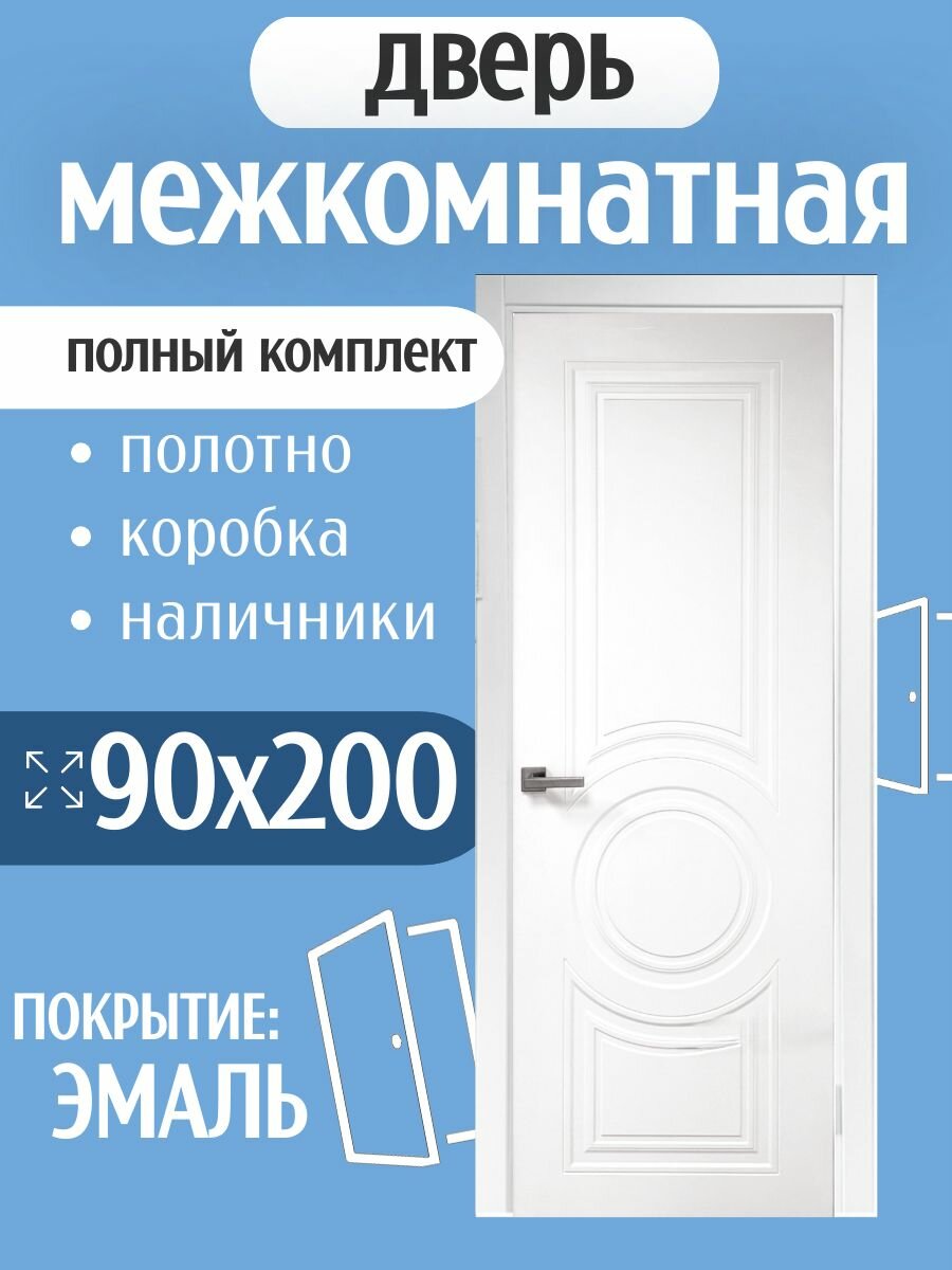 Межкомнатная дверь 900х2000, глухая, комплект с коробкой и наличником, цвет белый