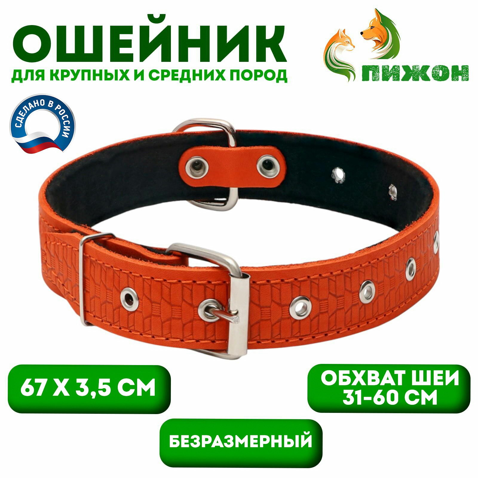 Ошейник тиснёный, 67x3.5 см, ОШ 31-60 см, на фетре, безразмерный, кожа, оранжевый