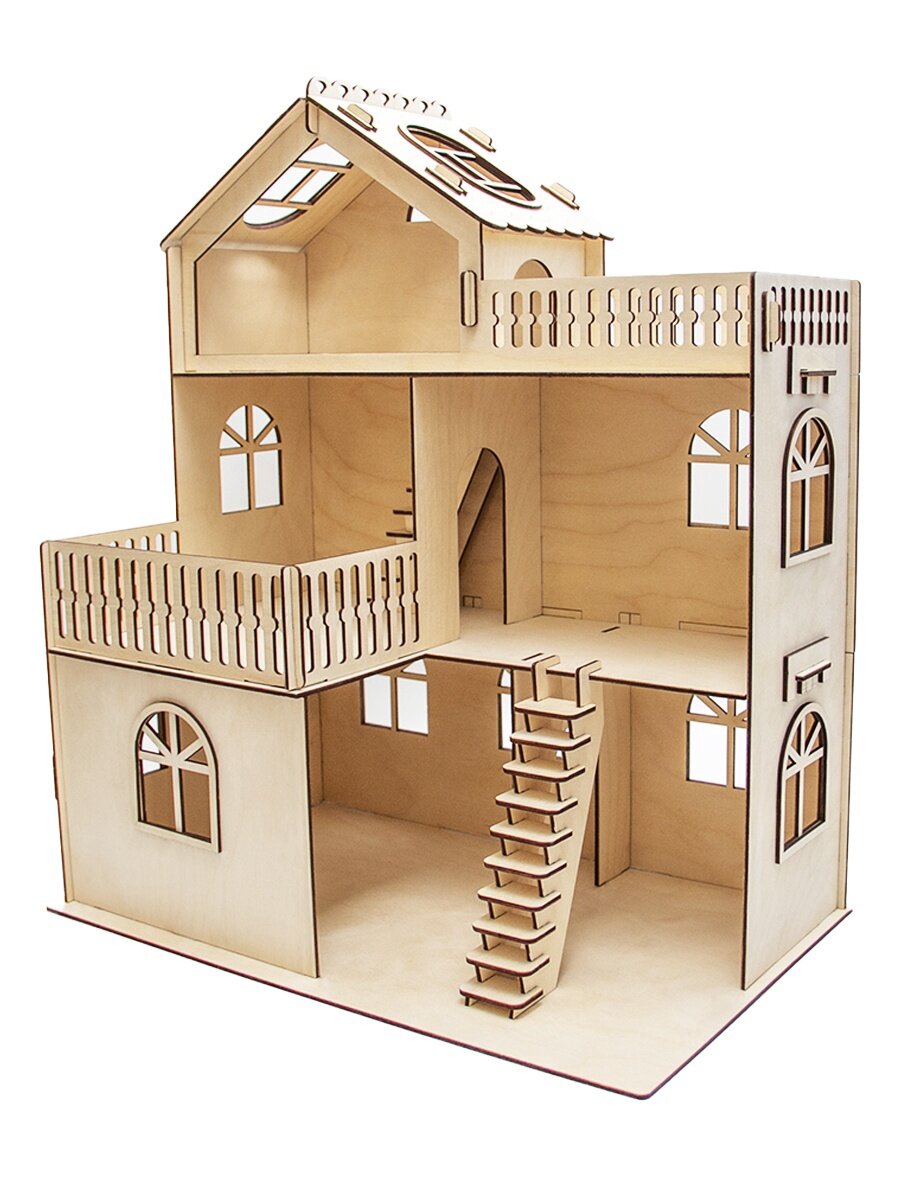 Домик для кукол Сибирские игрушки деревянный неокрашеный 3-этажный