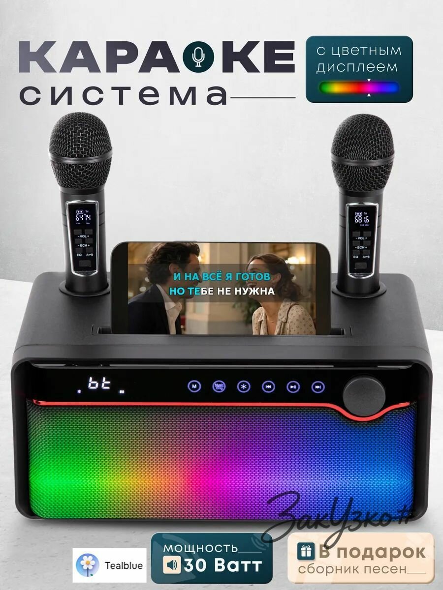 Караоке система 30 Вт с двумя беспроводными микрофонами, Bluetooth колонка с RGB подсветкой