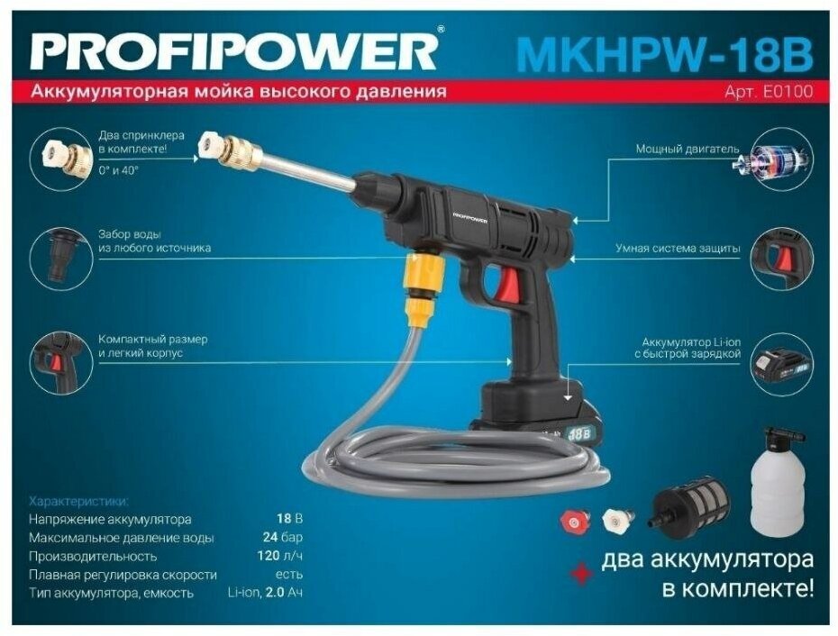 Мойка аккумуляторная Profipower 18V (2 Акб Li-ion 2Ач фильтр шланг в коробке)