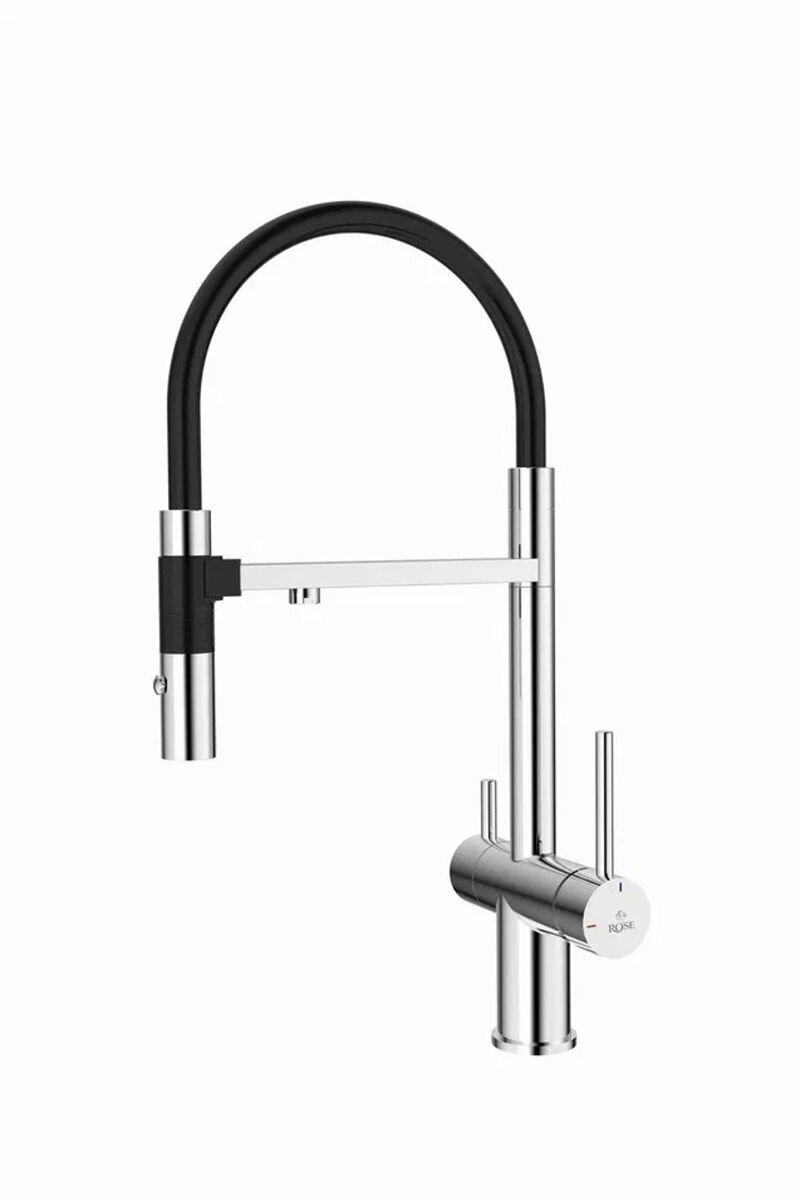 Смеситель для кухни однорычажный с гибким изливом, с подключением фильтра Rose R958, Хром