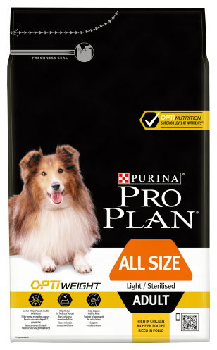 PRO PLAN ADULT DOG OPTIWEIGHT ALL SIZE LIGHT/STERILISED диетический для взрослых собак всех пород, кастрированных и стерилизованных собак с курицей и рисом (3 + 3 кг)