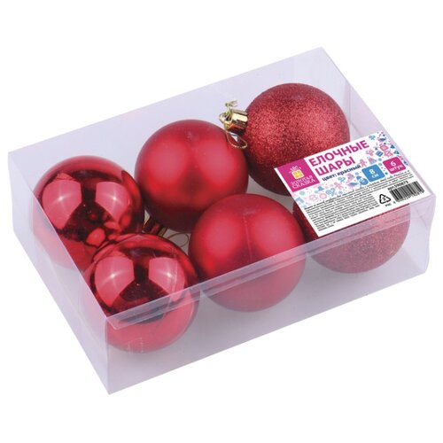фото Шары елочные золотая сказка, набор 6 штук, пластик, 8 см, красные (глянец, матовый, глиттер), 590873