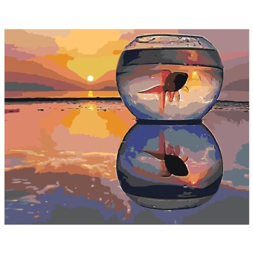 Золотая рыбка в аквариуме на закате Раскраска картина по номерам на холсте