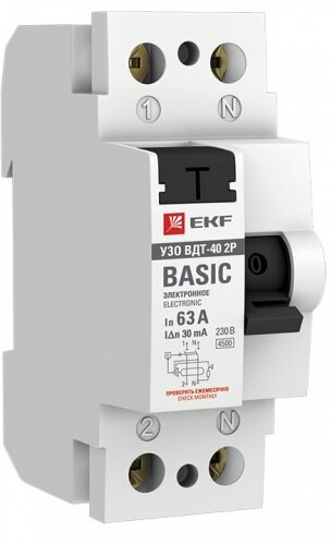 Выключатель дифференциального тока (УЗО) Ekf 2п 63А 30мА тип AC Basic электрон, elcb-2-63-30e-sim