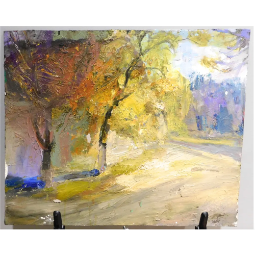 Картина осенняя дорога и летний ЛЕС двусторонняя живопись 64х52,5 см