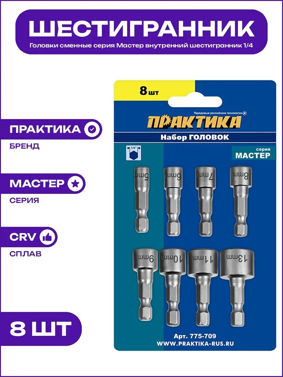 Набор насадок головки торцевые Мастер шестигранник 1/4 дюйма