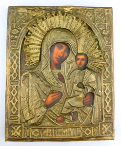 Икона Божией Матери Тихвинская живопись дерево латунь