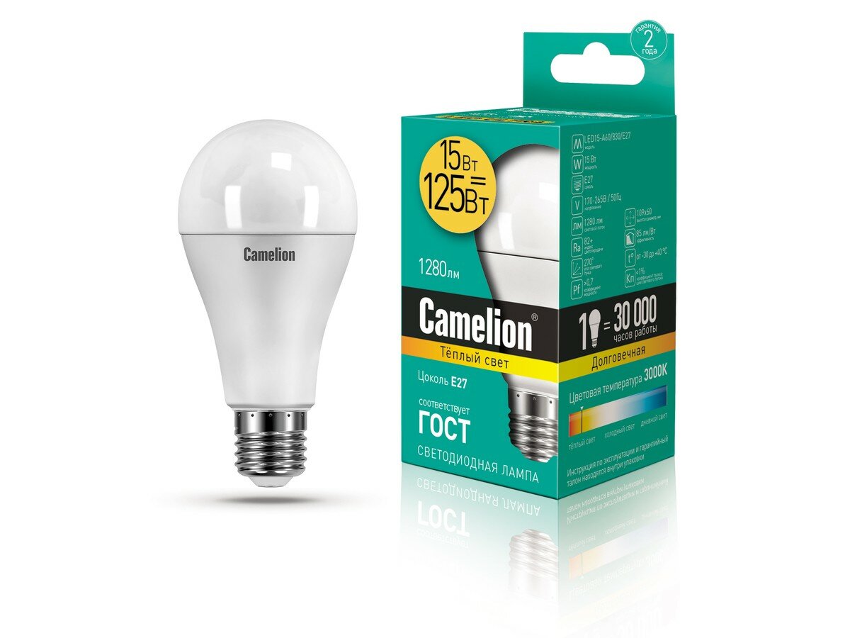 Лампа CAMELION Е27 15Вт 3000K 1280Лм 220В LED15-A60/830/E27 12185 светодиодная теплый белый груша