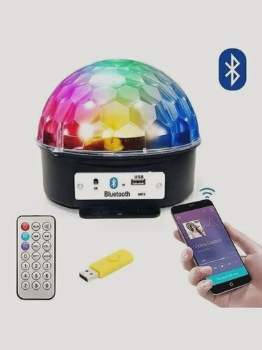 Изображение товара Светодиодный Диско-шар со встроенным динамиком MP3 LED MAGIC BALL LIGHT / Музыкальный Bluetooth проектор с пультом ДУ, с разъемом для USB флешки