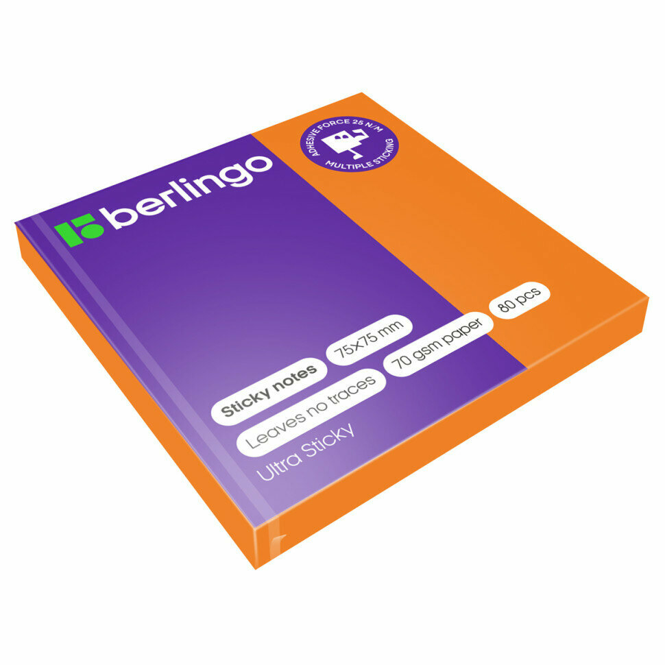 Самоклеящийся блок Berlingo "Ultra Sticky", 75*75мм, 80л, оранжевый неон, 12 штук, 270279