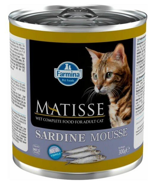 Влажный корм для кошек Matisse Sardine Mousse, сардины, упаковка 6 шт х 300 гр