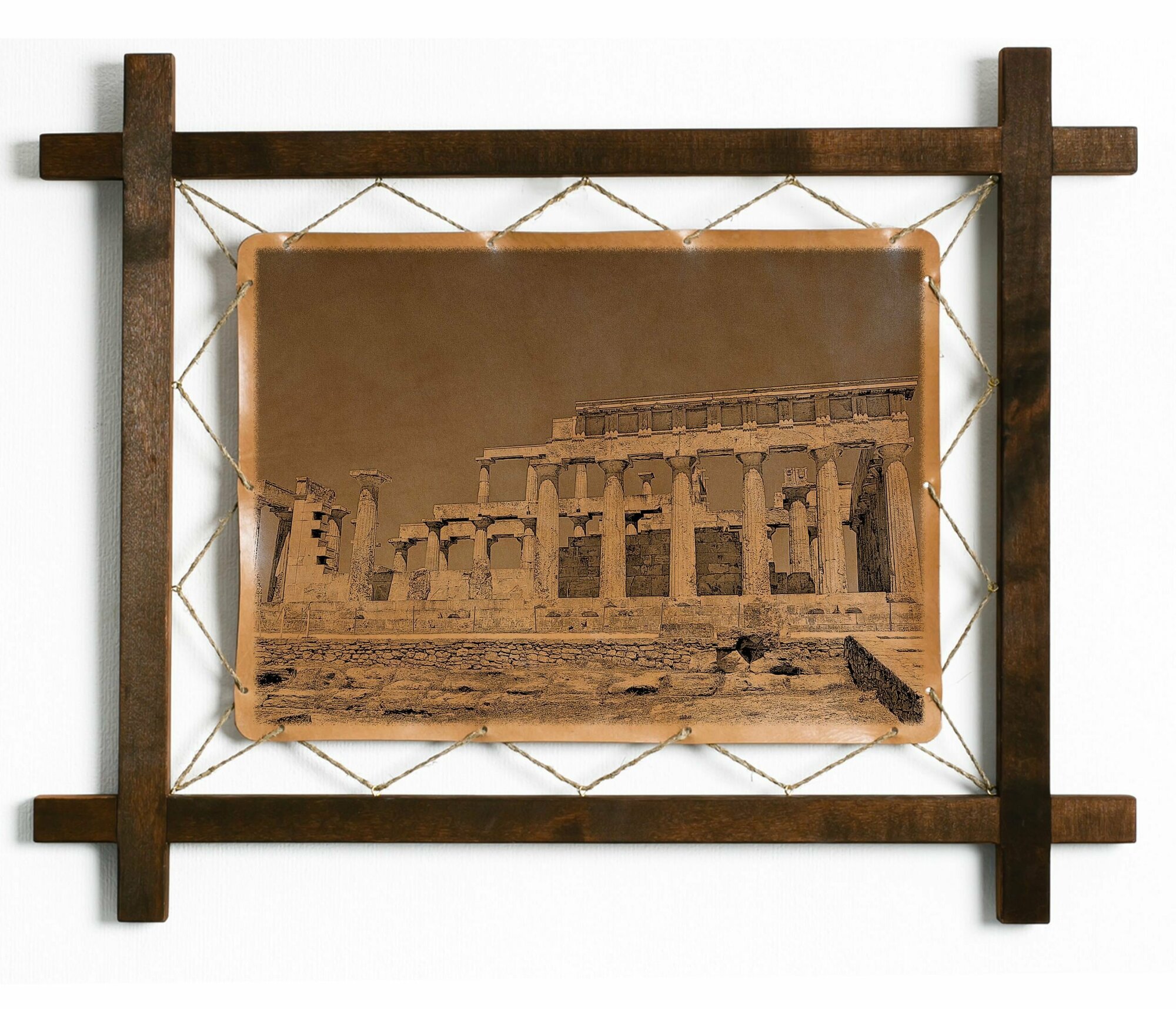 Картина Храм Афайи в Афинах, гравировка на натуральной коже, интерьерная для украшения и декора на стену в деревянной раме, подарок, BoomGift