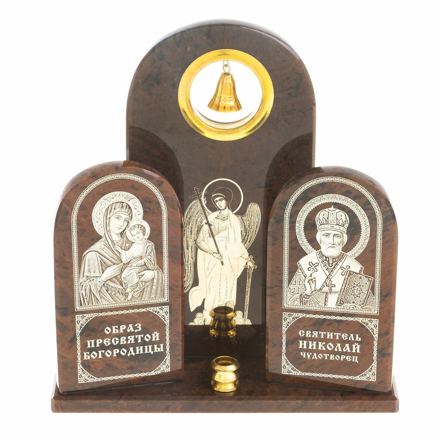 Икона большая триптих "Ангел, Богородица, Николай" камень обсидиан 122916