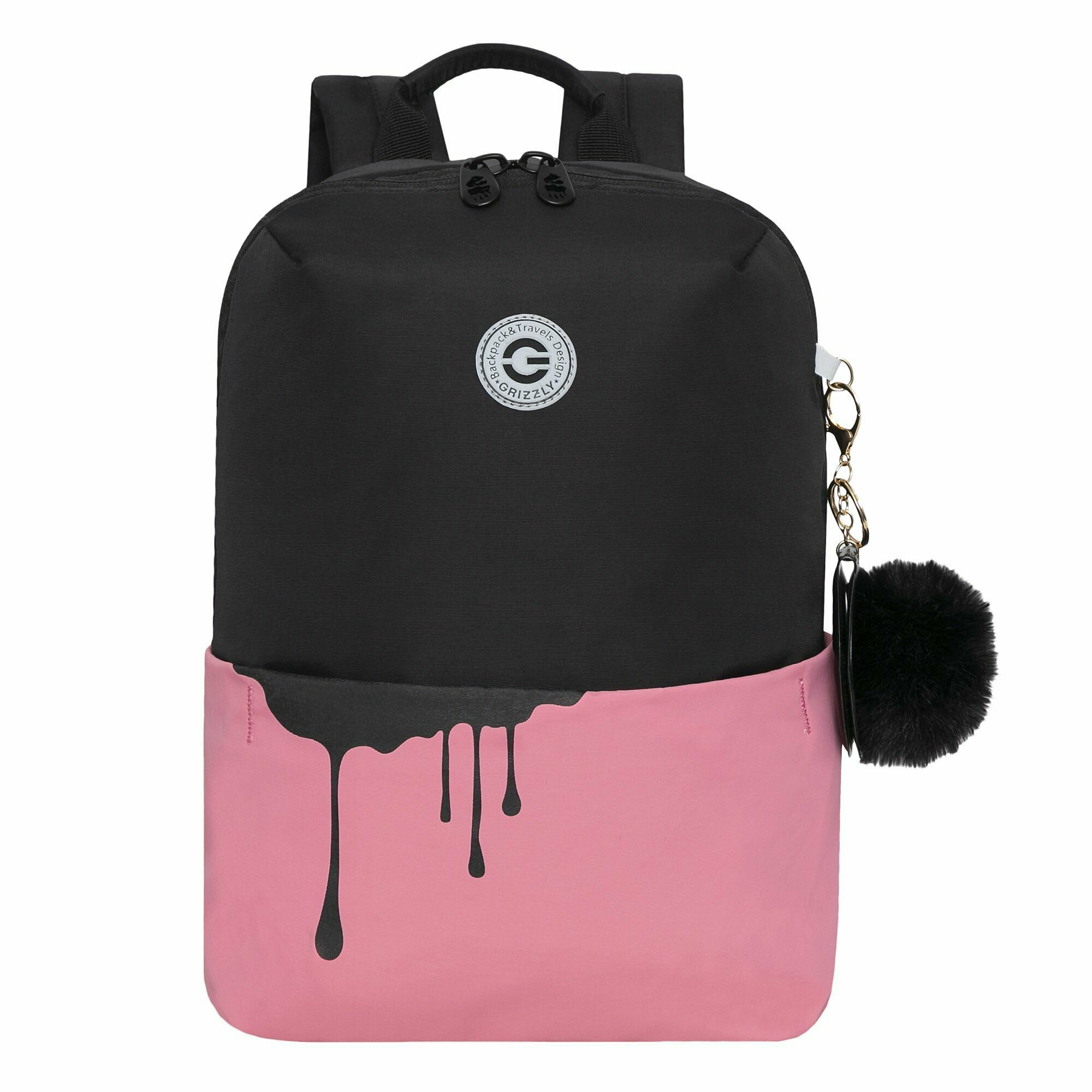 Рюкзак школьный подростковый женский для девочки, молодежный, для средней и старшей школы, GRIZZLY (черный - розовый)