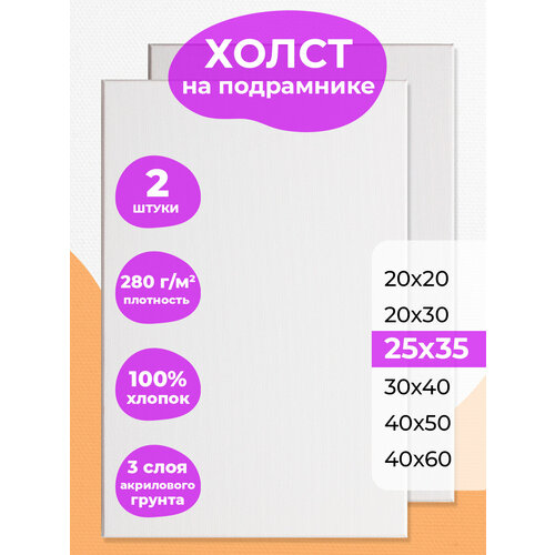 Набор холстов на подрамнике 25х35 РамКом - 2 шт, холст мини грунтованный хлопковый для рисования, для акрила , масла, гуаши, темперы, белый маленький