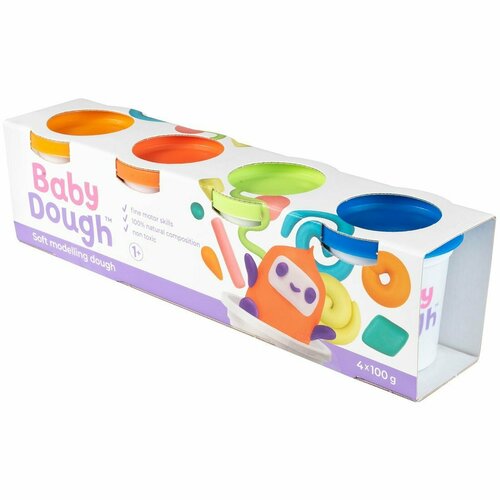 Тесто для лепки BabyDough, набор 4 цвета (синий, нежно-зеленый, красный, оранжевый) Baby Dough BD017 тесто для лепки babydough набор 4 цвета синий нежно зеленый красный оранжевый