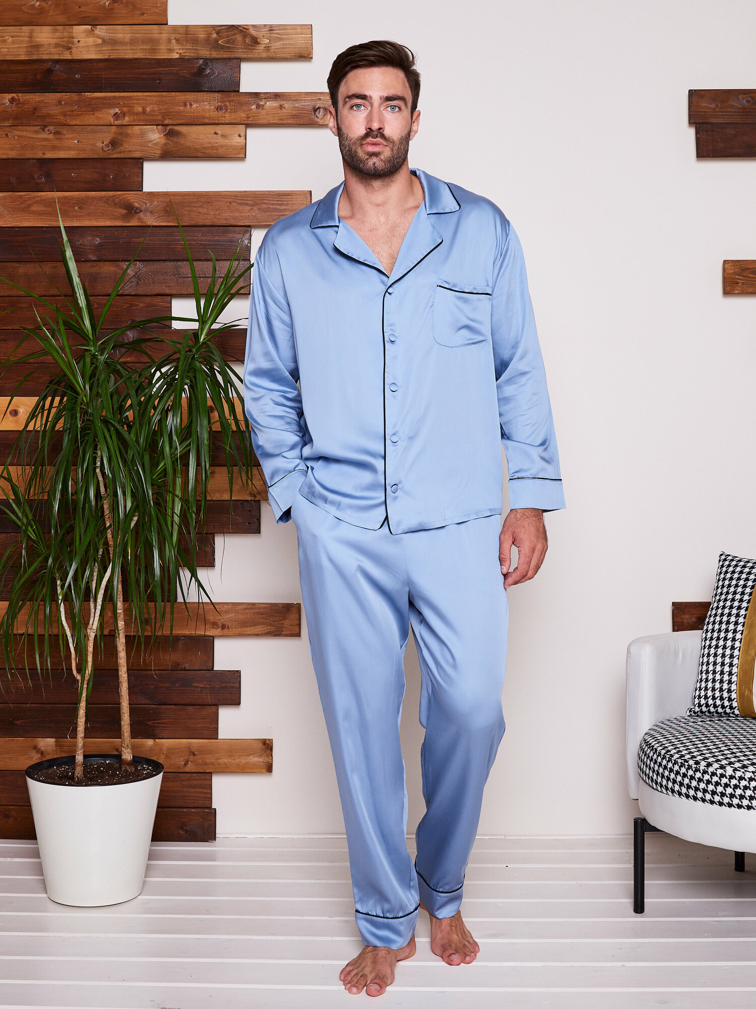 Пижама мужская из тенселя с брюками и рубашкой "Жемчуг", размер 52 - фотография № 2