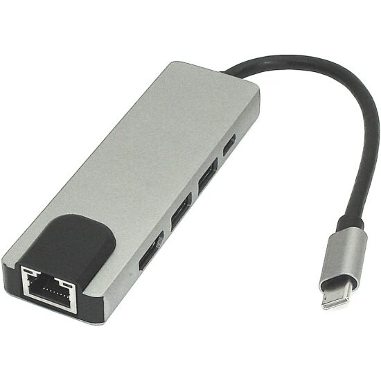 Адаптер VB Parts Type C на HDMI, USB 3.0*2 + RJ45 + Type C серебро
