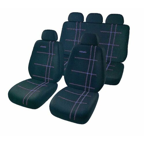 Чехлы для автомобильных сидений, 9 предметов, черные+синяя нитка М5, Classic, 130903