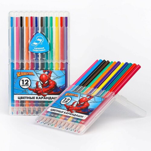 Карандаши цветные 12 цветов Человек-паук в пластиковом пенале с подставкой, Человек-паук карандаши цветные 12 цветов человек паук