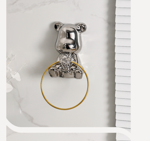 Изображение товара Держатель кольцо для полотенец в ванную комнату MyPads, полотенцедержатель настенный, легкая установка, серебристый с мишкой