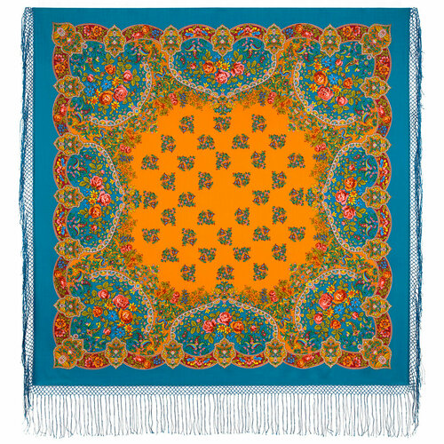 фото Платок павловопосадская платочная мануфактура,148х148 см, голубой, бордовый