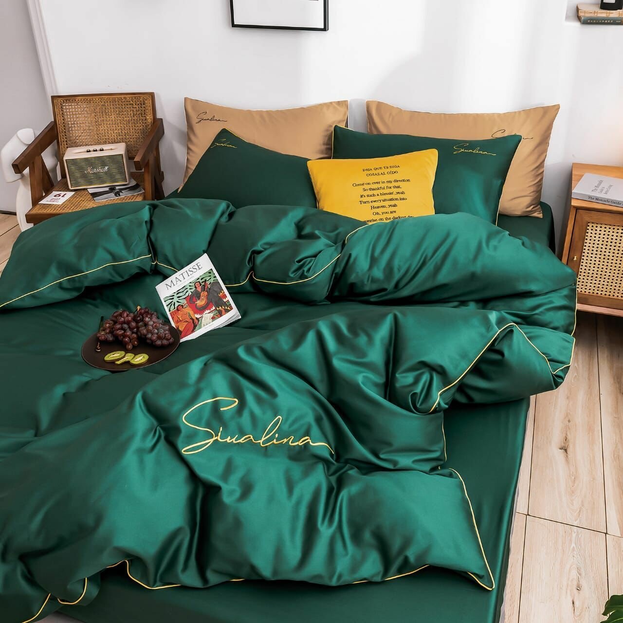 Комплект постельного белья Boris, 2 спальный, Жатка, Зеленый изумруд