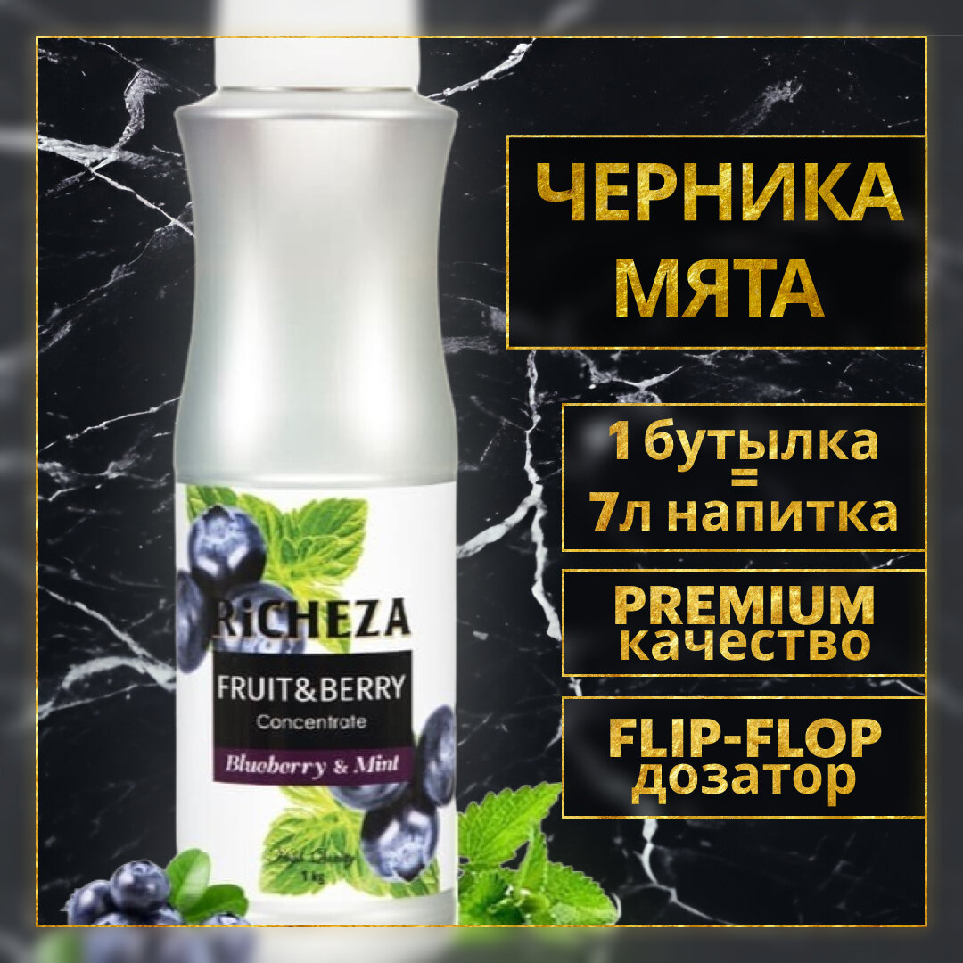 Концентрат Основа для приготовления напитков Richeza Ричеза Черника-Мята, натуральный концентрат для чая, коктейля, смузи, лимонада, 1 кг.